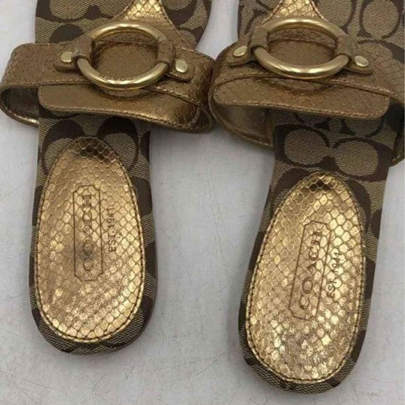 Coach Designer MONOGRAM TStrap Sandals with Logo Pattern / Brown & Gold - Size 9 - Picture 6 of 7